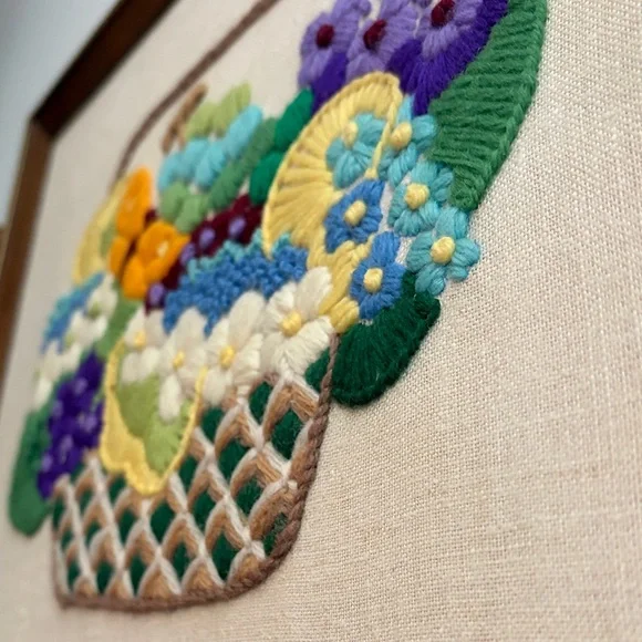 Floral Basket Embroidered Wall Art | Vintage Handmade | 12”x 15” - Picture 3 of 6